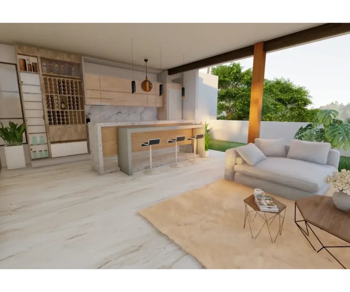 Amplio salón con vista a la terraza y naturaleza.