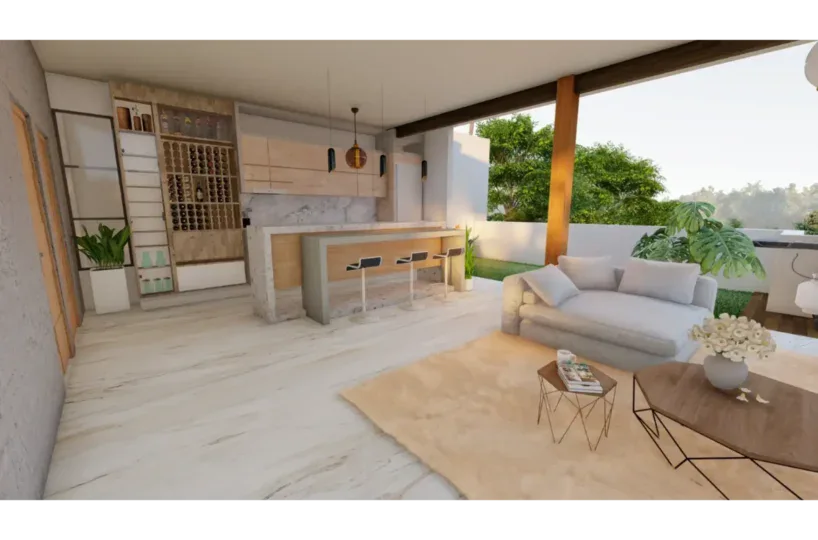 Amplio salón con vista a la terraza y naturaleza.