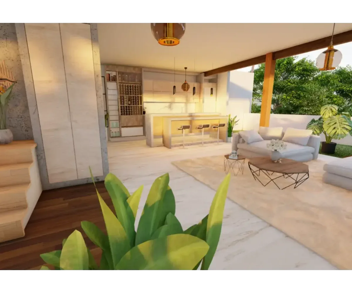 Amplio salón en Las Terrenas con mobiliario blanco y vista a áreas verdes, ideal para relajarse y di.