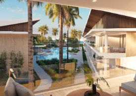 Vista del resort en Las Terrenas con piscina y palmeras.